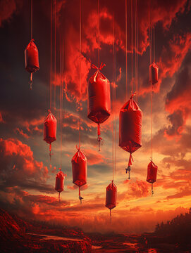 Surreal blood bags hanging from a fiery sunset sky above a river landscape