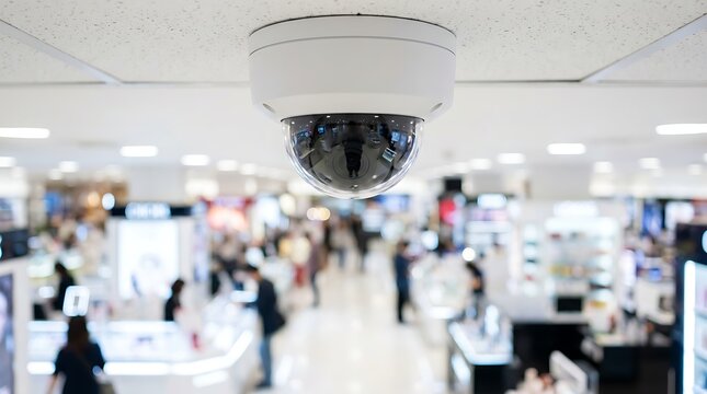 White dome cctv security camera on textured white ceiling tiles monitoring a brightly lit retail shopping mall with blurred people in background.