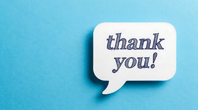 White speech bubble with blue hand-drawn text 'thank you' on a bright blue background.