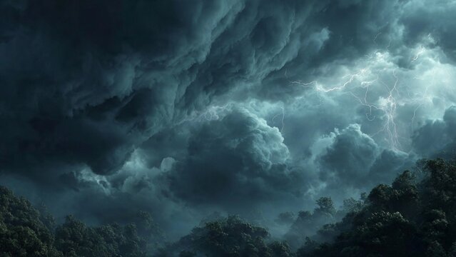 Dark stormy clouds rolling over a dark green forest canopy in a moody weather scene with storm sky overcast clouds rain clouds tree tops nature storm