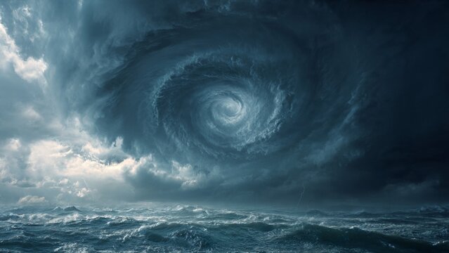 Massive swirling hurricane storm vortex forming over a choppy ocean under a dramatic cloudy sky with swirling clouds ocean waves cyclone storm disaster