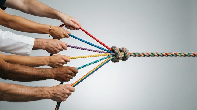 Diverse group of people holding various colorful ropes together into a central knot representing teamwork and strong unity against a simple bright neutral studio backdrop background