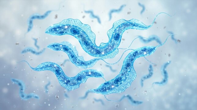 Trypanosoma brucei parasites floating in a fluid environment rendered with bright blue glowing details and scientific precision to showcase microscopic biological structures for medical research