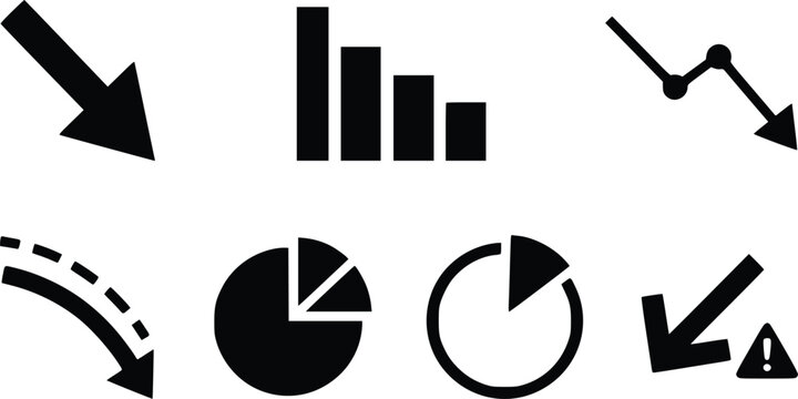 Business decrease chart icons set showing falling bar graphs, pie charts, and downward arrows for corporate finance data analysis design