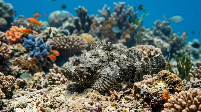 Camouflaged stonefish resting on a coral reef