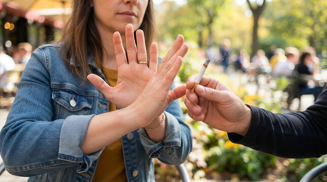 Woman Refusing A Cigarette Offered By A Friend In A Public Outside Space To Promote Health Living