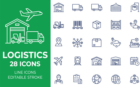 Logistics icons vector set featuring shipping, freight, warehousing, and delivery symbols 
