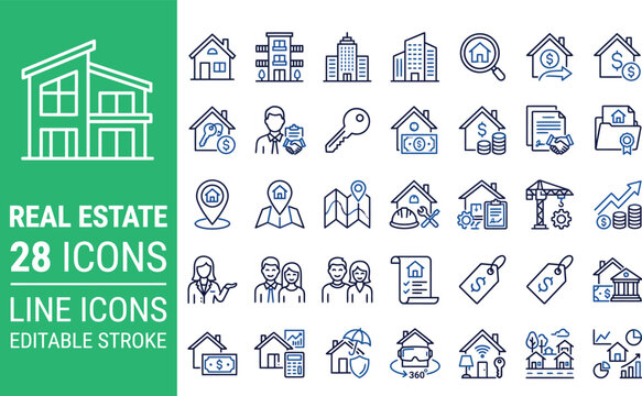 Comprehensive vector set of real estate line icons featuring houses, residential buildings, keys, financial symbols, and property management elements. 
