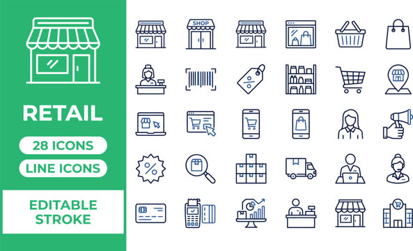 Retail vector icons set outline shopping and store symbols isolated illustration
