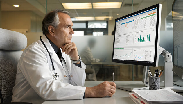 A mature male physician sitting at a desk and reviewing medical data on a monitor with analyzing complex charts charts health metrics metrics his computer
