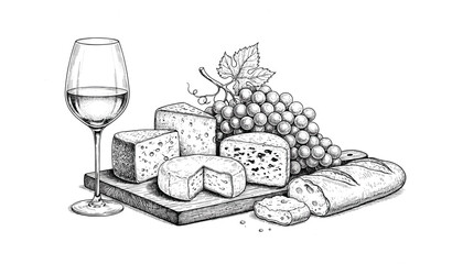 Obraz premium Detailed vintage sketch of white wine cheese board and bread