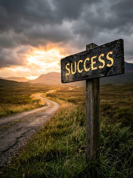 Wooden directional road sign post showing success on rustic countryside pathway leading towards bright golden sunset over distant misty mountains and hills.