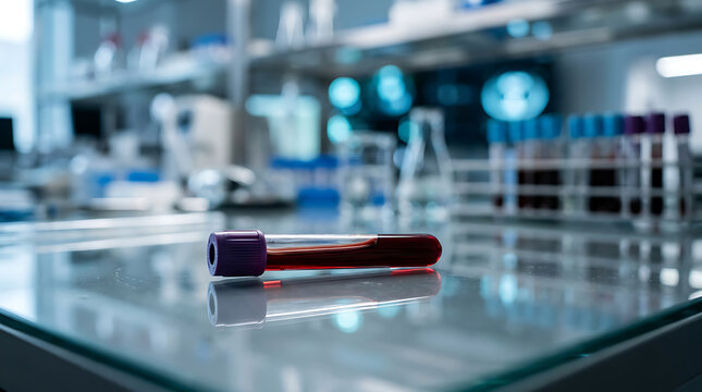 Close-up of a blood sample tube with purple cap lying on a reflective laboratory bench in a modern scientific laboratory