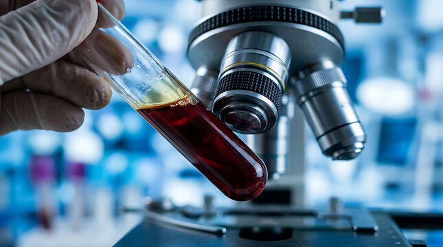 Laboratory scene with microscope and test tube containing dark liquid revealing scientific research environment