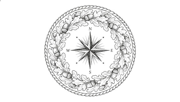 Antique compass windrose engraved illustration with oak wreath and acorns