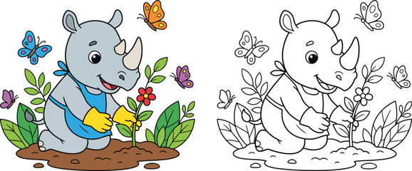 Cute Cartoon Rhinoceros Gardening and Planting a Flower with Line Art Coloring Page © Mehrab