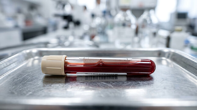 Laboratory blood sample tube with red liquid on metallic tray in modern clinical setting