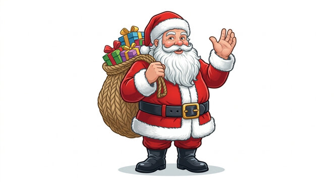 Cheerful Santa Claus waving with a large sack of colorful gifts