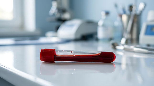 Laboratory scientific testing tube with red cap lying on a white surface in a modern laboratory environment with equipment and