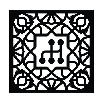 Geometric gear shift icon vector, ornamental car transmission symbol, black and white automotive shift pattern logo