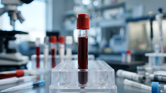laboratory test tubes filled with red liquid on a transparent stand in a scientific research environment