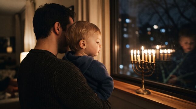 Father holding toddler looking at Hanukkah menorah