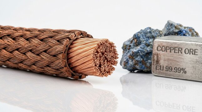 Copper ore, refined copper bar, and braided copper wire illustrating the raw material to finished product process