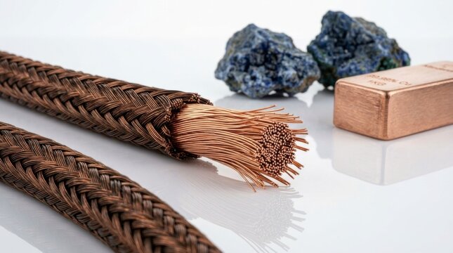 Close-up of a braided copper cable with exposed wires, alongside a copper ingot and raw azurite mineral stones, illustrating the raw materials and finished product of copper.