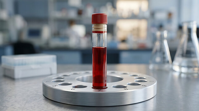 Laboratory experiment setup with a test tube filled with red liquid placed on a metallic circular holder in a modern scientific