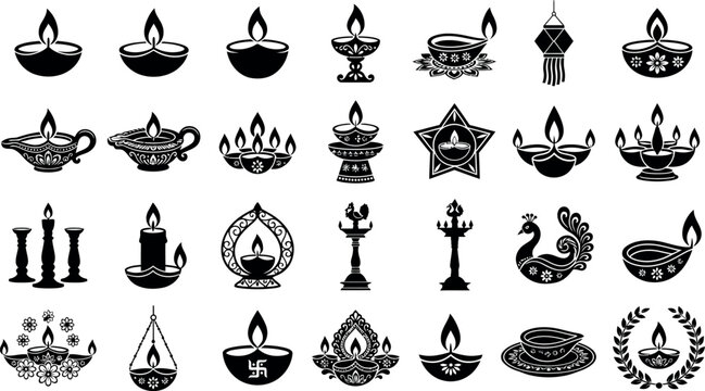 Collection of ornate oil lamps candle holders and traditional symbols in a black silhouette style candleholder candelabra diya diva flame