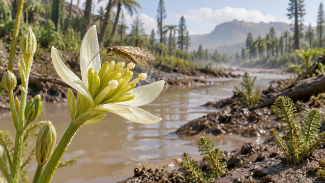 Prehistoric insect pollinating an early primitive flowering plant along a muddy riverbank in a Cretaceous landscape with ferns and distant mountains