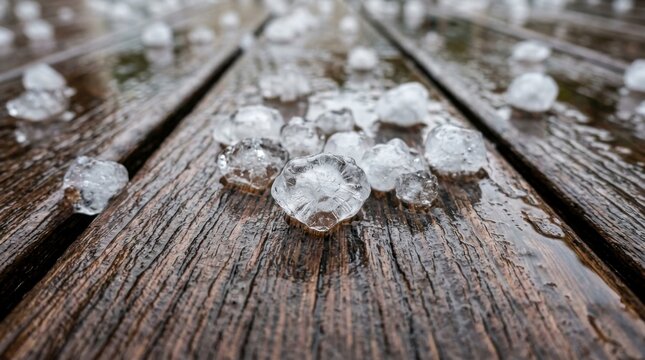 Close-up of hailstones and melted ice on a wet wooden deck surface after a storm, showing natural texture and water droplets.