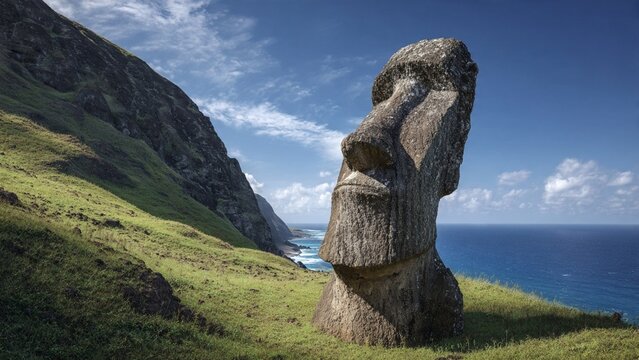 Ancient moai monolithic stone statue standing on grassy slope near ocean coast with ancient sculpture easter island heritage monument archaeology