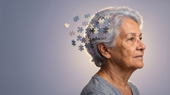 Portrait de profil d'une femme &acirc;g&eacute;e avec un cerveau en pi&egrave;ces de puzzle qui s'envolent. Concept de d&eacute;mence, d'Alzheimer et de perte de m&eacute;moire, avec espace de copie