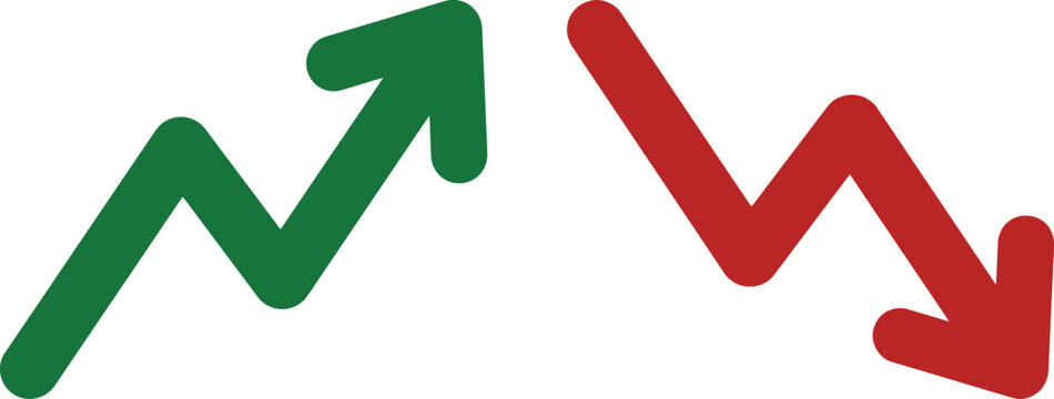 Financial stock market arrows showing growth and decline, green upward trend line and red downward trend line, business performance vector icons