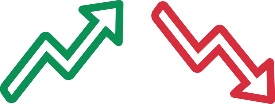 Financial stock market arrows showing growth and decline, green upward trend and red downward trend icons, business performance vector graphics