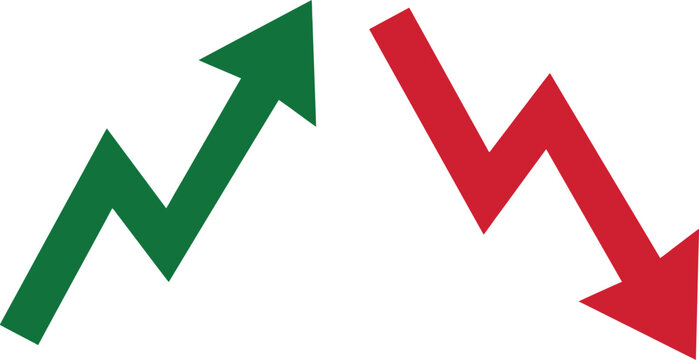 Financial stock market arrows showing profit and loss, green upward growth trend and red downward decline symbols, business data vector icons