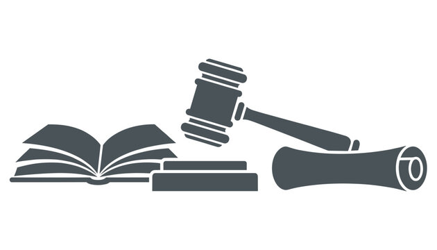 Judge gavel resting near an open book of law and a rolled document scroll on a white background