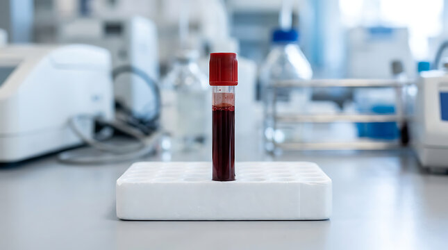Laboratory testing tube filled with blood sample and safety cap in a research facility setting