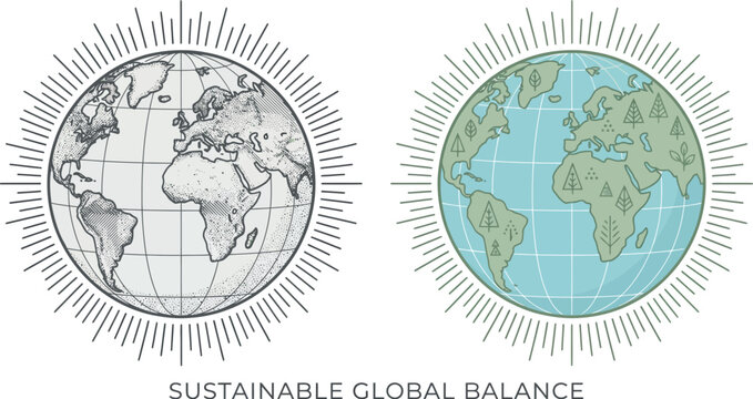 Sustainable global balance earth icons, vintage hand drawn world globe vector set, eco friendly planet earth with trees and sunburst rays