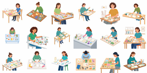 Fototapeta premium Flat vector illustration set of diverse women engaged in various creative hobbies and DIY crafts at their desks including scrapbooking painting and paper art for leisure and home projects
