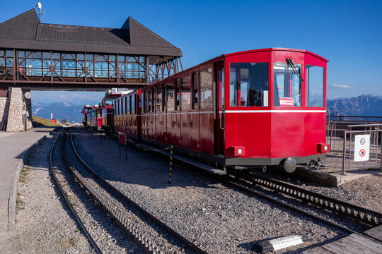 Schafbergbahn Cogwheel Train Station on Mountain Top With Scenic Alpine Landscape and Blue Sky
