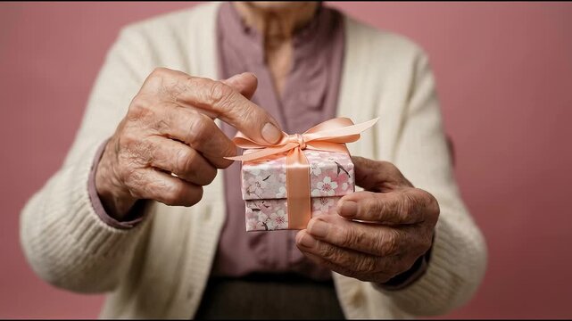 Close-up of an elderly woman's hands carefully untying a pink ribbon on a small patterned gift box, symbolizing care and celebration.