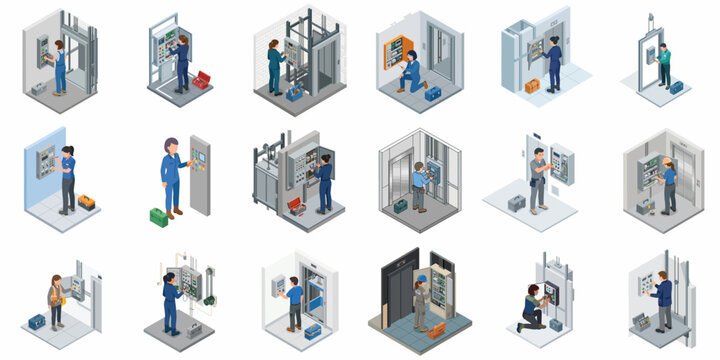 Set of isometric elevator maintenance illustrations featuring professional technicians repairing lifts, servicing electrical control panels, and installing mechanical components with tools in industri