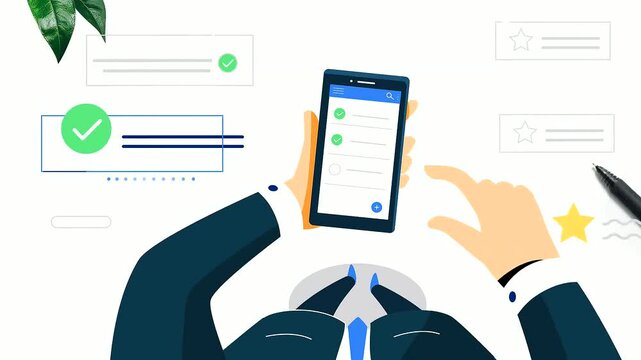 Business professional hands interacting with a mobile smartphone interface in this digital animation sequence demonstrating task management and productivity workflow