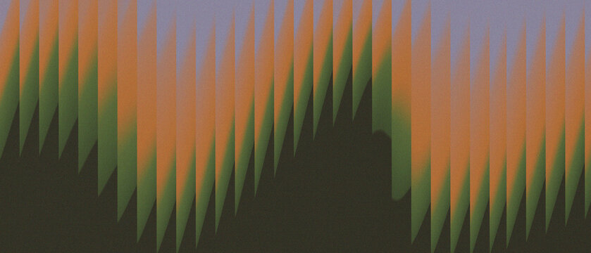 Abstract geometric soundwave pattern with vibrant orange and green gradient on dark grainy background