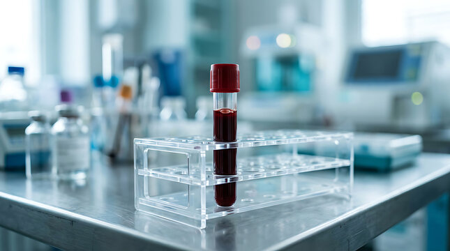 scientific laboratory setup with test tube rack holding a blood sample amidst various lab instruments and equipment