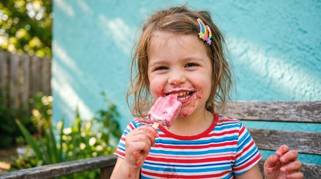 Little girl eating pink popsicle with messy face sitting on bench in summer garden. Happy child enjoying frozen berry ice cream treat outdoors.