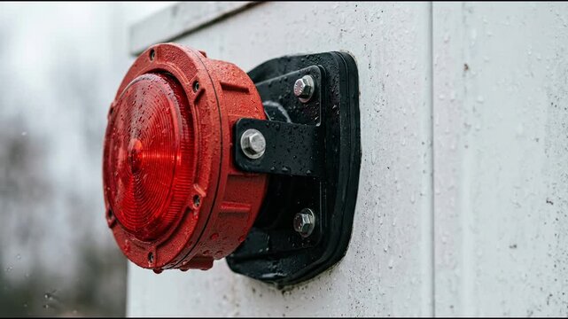 Circular red warning flasher pod pulsing intense luminous flashes across dark cast aluminum housing with powder coat finish