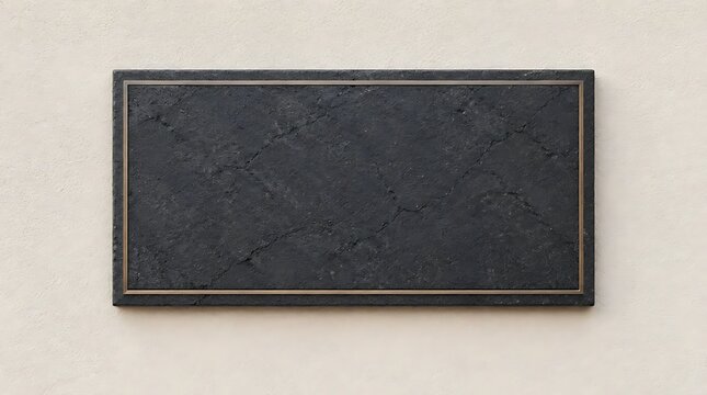 Minimalist blank black stone plaque with elegant thin gold frame mounted on a neutral textured stucco wall, perfect for upscale signage mockup, menu display, or nameplate template.